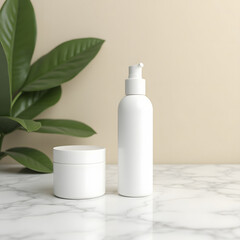 White plastic cosmetic bottle with cream and green leaves isolated on clean background