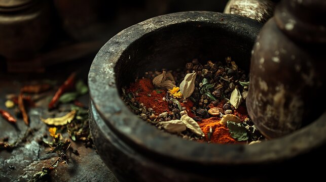 Rustic mortar and pestle with rich, colorful herbs and spices awaits grinding