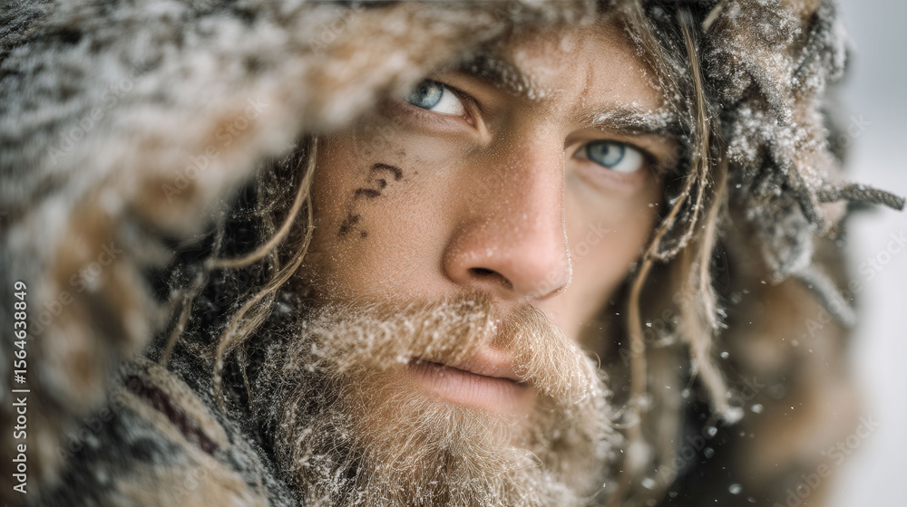 Poster a man with a beard and a fur coat is standing in the snow. he has a beard that is very long and is c