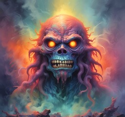 Illustration of multicolor dusty monster in smoke environment.