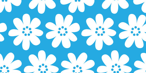 Beautiful and Seamless Daisy Flower Pattern. Vintage Style Floral Vector Background for Printing on Textiles, Wrapping Paper, Web Design and Social Media. Blue and white colors.