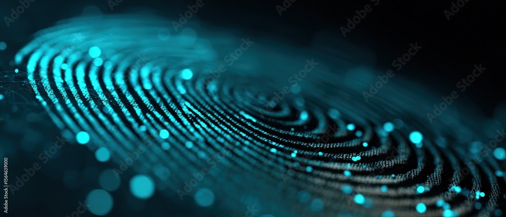 Poster digital fingerprint with glowing blue particles, biometric identification and cybersecurity concept 