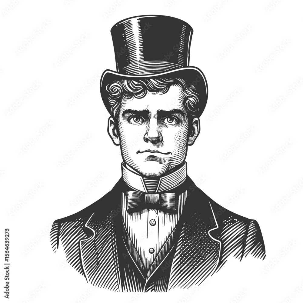 Poster victorian man with mustache and goatee in classic formal suit and tie sketch engraving generative ai