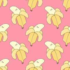 kawaii banana cartoon seamless repeat pattern