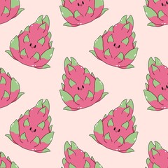 kawaii dragon fruit cartoon seamless repeat pattern