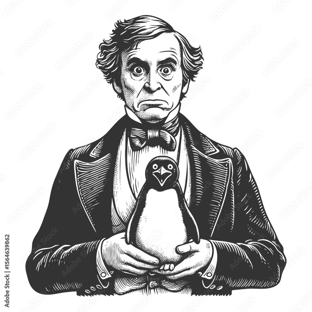 Poster victorian gentleman in a top hat holding a surprised penguin sketch engraving generative ai fictiona
