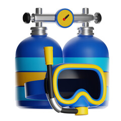 Diving mask and oxygen tanks for underwater exploration 3d illustration