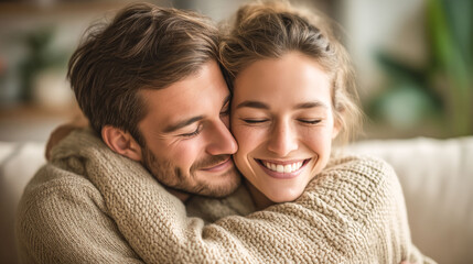 Obraz premium A man and a woman are hugging each other on a couch. They are both smiling and seem to be enjoying each other's company