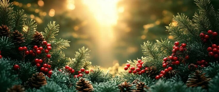 Evergreen branches with pine cones and red berries glow warmly in soft sunlight creating festive holiday decoration in nature winter branch scene full of cozy red berry and pine cone charm