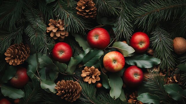 Festive red apples and pine cones nestled among evergreen boughs