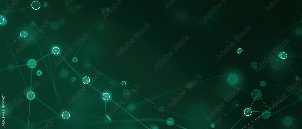 Poster abstract dark green network background with glowing nodes and lines concept of technology, science, 