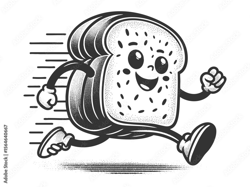 Poster smiling cartoon bread slice with arms and legs, running energetically with motion lines sketch engra