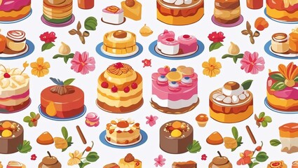 Colorful Cakes Pastries and Flowers Seamless Pattern Dessert Bakery Food