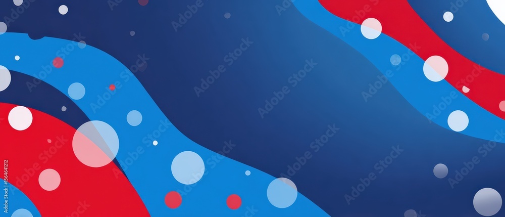 Poster patriotic red, white, and blue abstract background with flowing waves and bokeh effect for 4th of ju