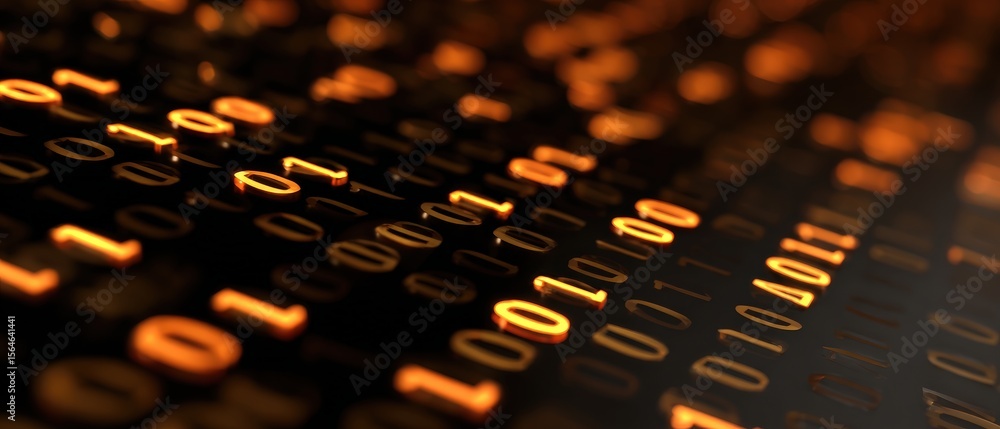 Poster golden binary code on dark background, data stream, digital technology concept futuristic illustrati