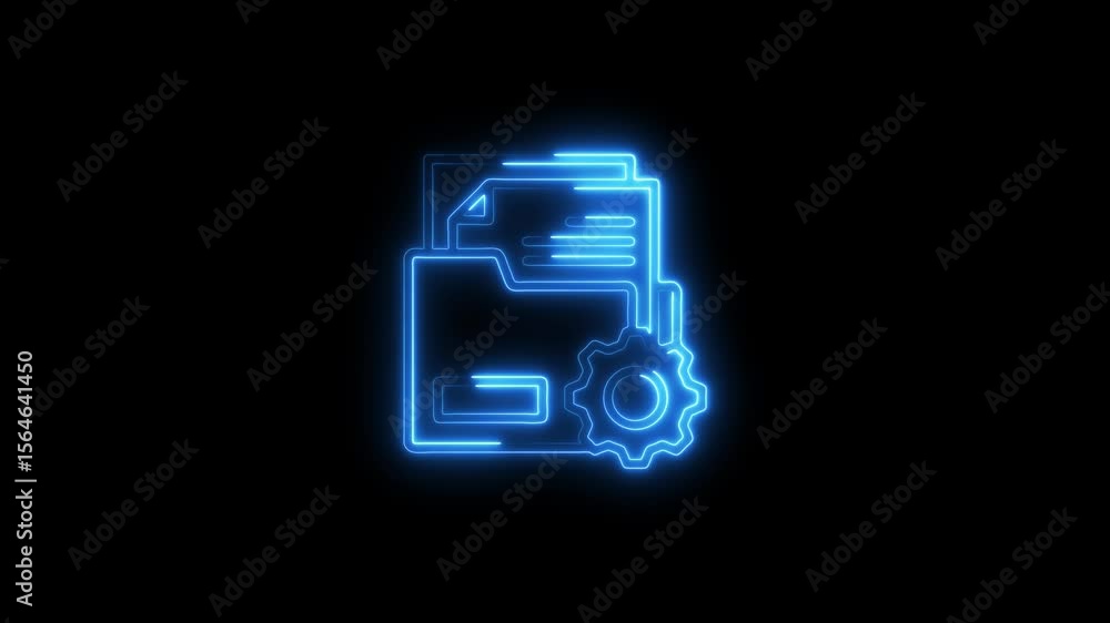 Poster illuminated neon animation of document folder with cogwheel interface on black background