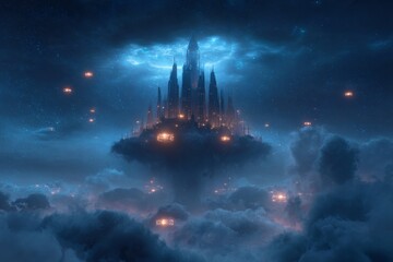 Obraz premium A majestic castle floats above the clouds, surrounded by luminous orbs and enchanting magical energy. The vibrant setting reveals a captivating atmosphere filled with mystery
