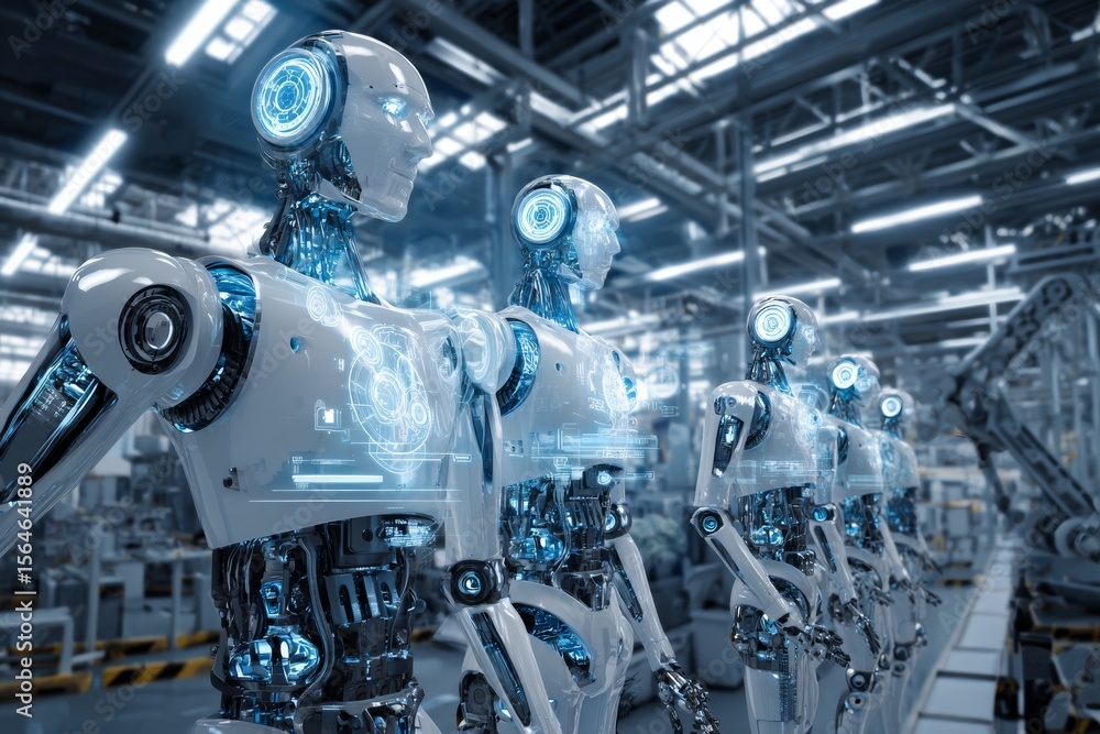 Poster in a state-of-the-art factory, advanced robots with modern designs line up, featuring holographic in