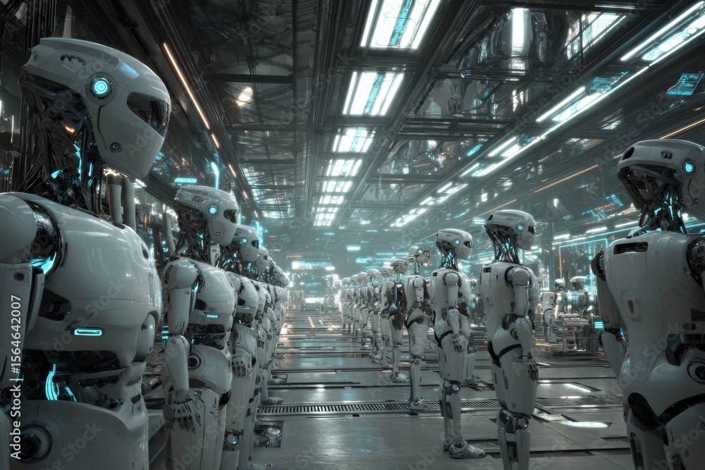Poster advanced robotics are being produced in a futuristic factory, featuring sleek designs and innovative