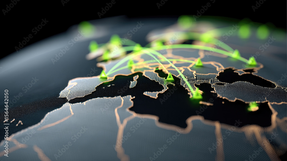 Poster Digital map Europe network connection green arrows data transfer technology glowing lines communication global