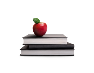 A pile of books for going back to school and a red apple for the teacher or for the child as a healthy snack during their lesson isolated against a transparent background.