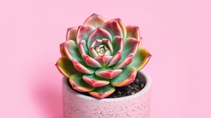 Minimalist image of a vibrant succulent in a speckled light pink pot. Rosette leaves fade green to pink. Soft lighting and pastel pink background enhance texture and depth.

