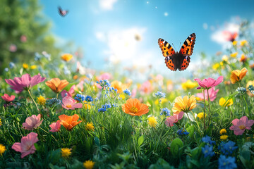 Springtime Harmony: Butterflies and Blooming Flowers in Natural Landscapes
