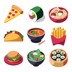 vector icons cooking food chef hat include a pizza slice, a sushi roll, spaghetti and meatballs, a curry bowl burger , fish 
