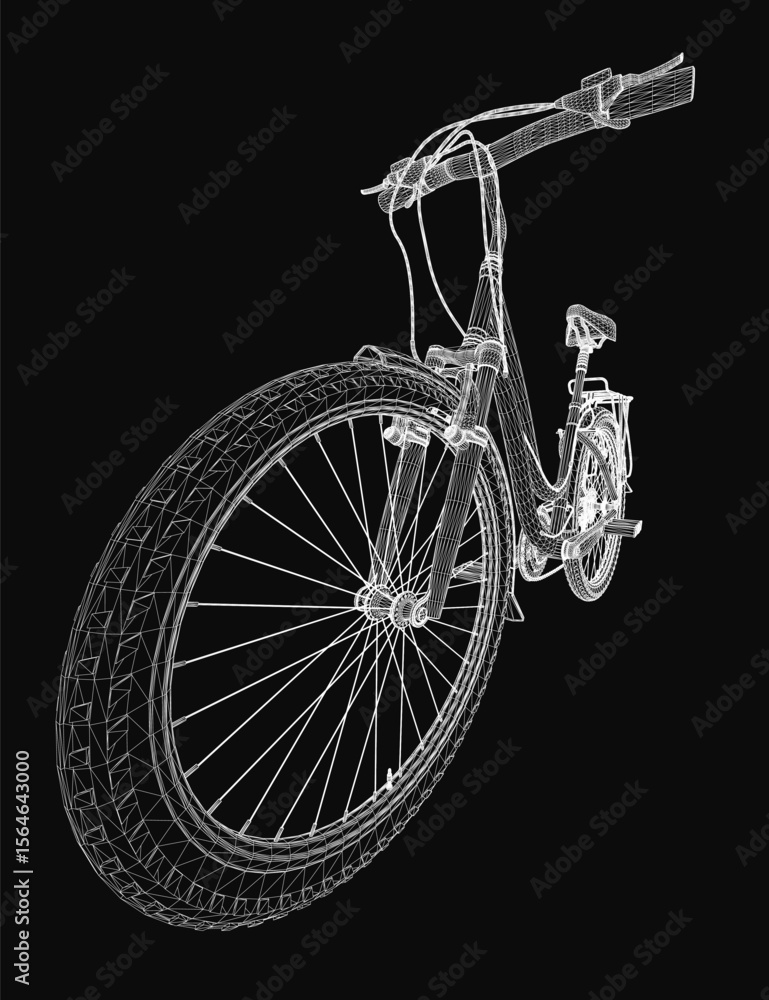 Poster a 3d wireframe model of a bicycle on a black background, showcasing realistic geometry and sleek des