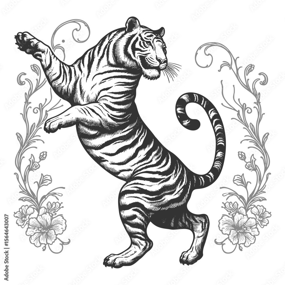 Poster dancing tiger sketch engraving generative ai fictional character vector illustration. scratch board 