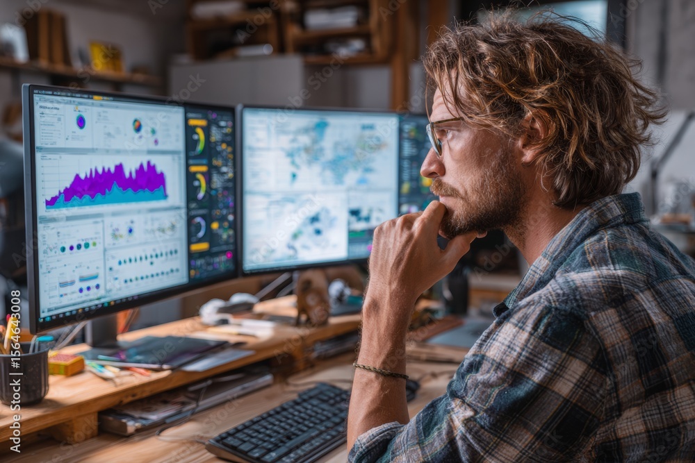 Poster a startup founder is deep in thought while reviewing graphs and project management tools on dual mon