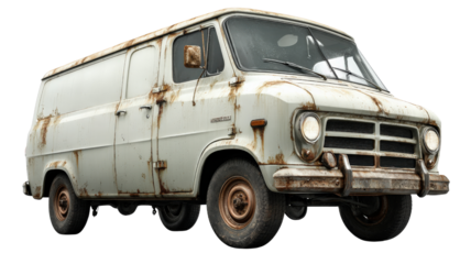 Damaged delivery van from the 1970s with faded paint and dents, isolated on a Transparent background, PNG file.