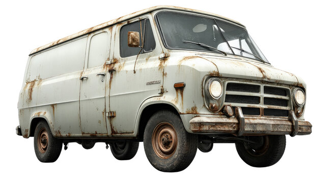 Fototapeta Damaged delivery van from the 1970s with faded paint and dents, isolated on a Transparent background, PNG file.