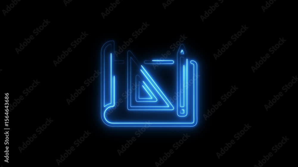 Poster neon architectural tools blueprint symbol animated on black background