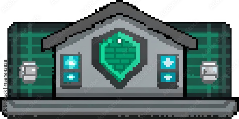 Poster a pixel art building facade with a geometric design and retro arcade game style, featuring a decorat