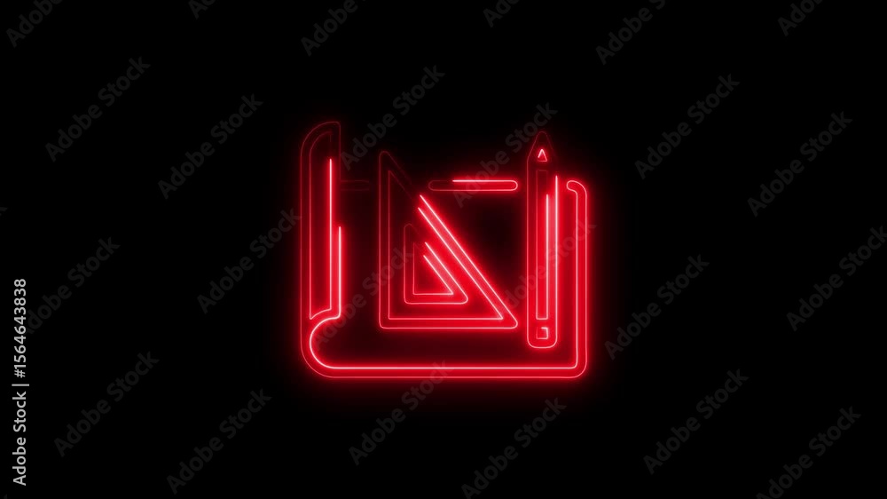 Poster glowing red neon architecture drawing tools on black background design elements