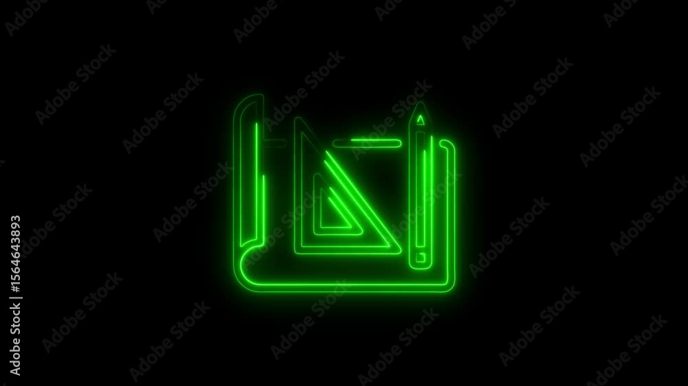 Poster illuminated green neon architect tools on black background design visualization
