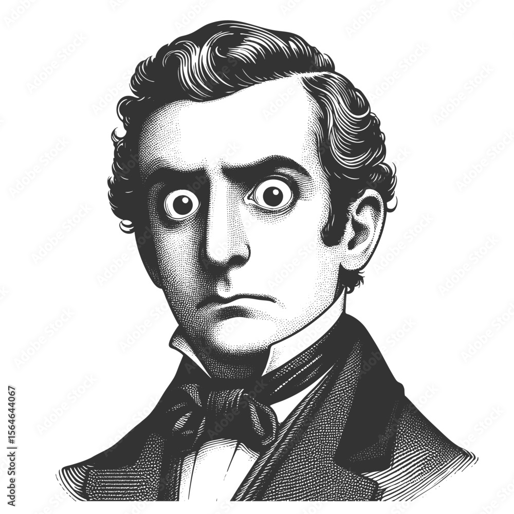 Poster surprised victorian gentleman with wide eyes and formal attire, expressing shock or disbelief sketch