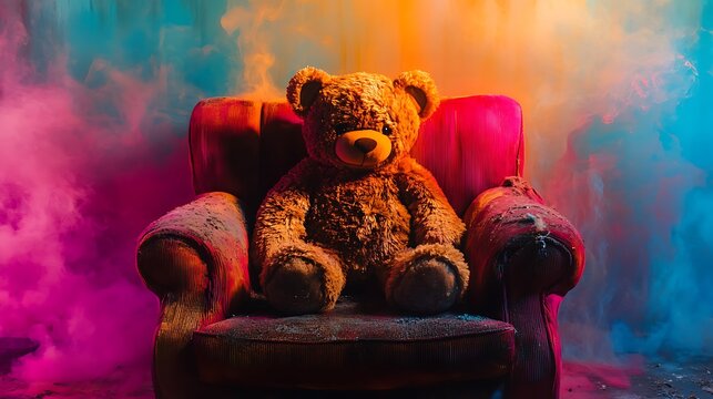 Plush brown teddy bear sits comfortably on a red chair, bathed in colorful light