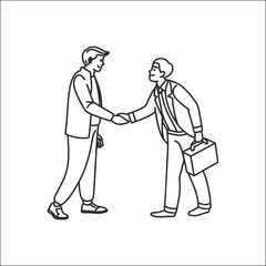 Business Handshake Icon | Two Men Shaking Hands in Agreement | Line Style Vector | Corporate Deal, Partnership Symbol | Black Outline on White Background