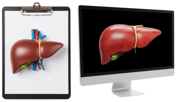 Liver anatomy illustration presented on clipboard and computer screen  