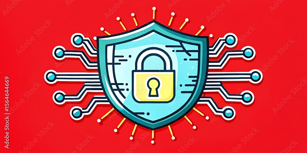 Poster a blue shield with a padlock and circuit board elements symbolizes cybersecurity on a red background