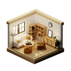 Stylish living area with contemporary furniture in a cozy setting. 3D render illustration