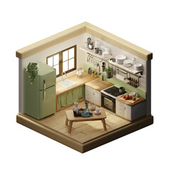 Innovative kitchen space featuring sustainable design. 3D render illustration
