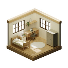 Modern bedroom workspace with sustainable elements. 3D render illustration
