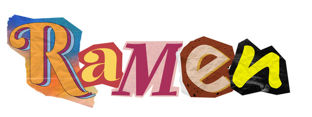 magazine style letters cutout spelling word RAMEN isolated on white, ramen, noodles, Asian cuisine...