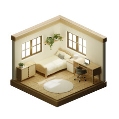 Minimalist bedroom layout with sustainable touches. 3D render illustration