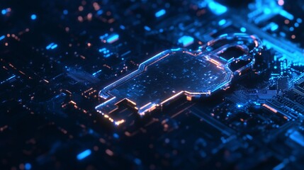 Digital fortification, glowing padlock on intricate circuit board network