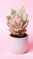Minimalist image of a vibrant succulent in a speckled light pink pot. Rosette leaves fade green to pink. Soft lighting and pastel pink background enhance texture and depth.

