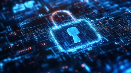 Digital Data Protection: Glowing Padlock on a Futuristic Circuit Board